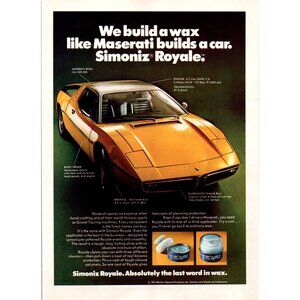 1973 Simoniz Royale Car Wax Maserati Bora Vintage Print Ad Sports Car Wall Art